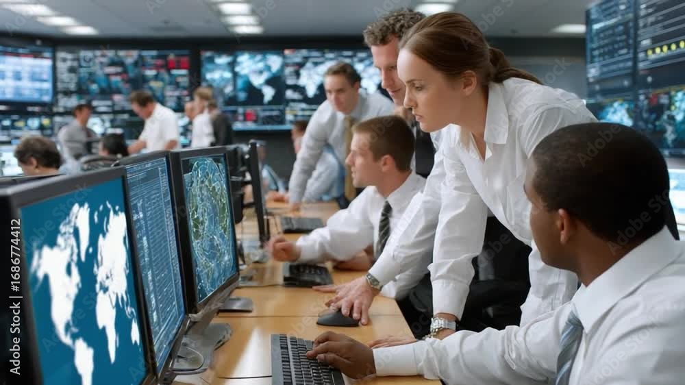 Poster command center collaboration: a focused group of professionals collaborate within a high-tech comman