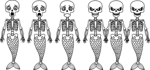 Skeleton mermaid character illustration, spooky Halloween design, creepy fantasy sea creature, horror mythical monster drawing, scary skeleton fish tail art