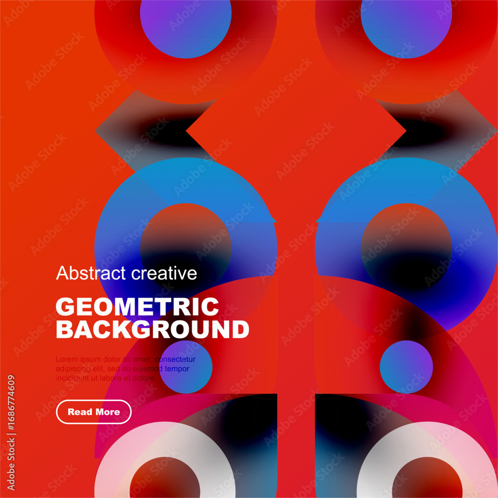 Poster vibrant geometric shapes overlap, creating dynamic redblue gradient background. text promotes creati
