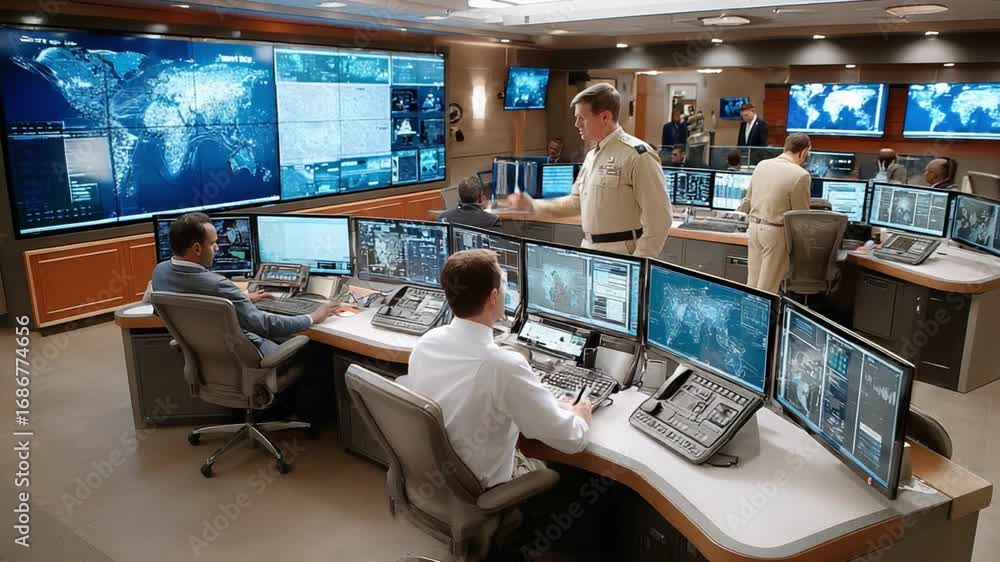 Poster digital command center: inside a cutting-edge command center, a team of professionals monitor real-t