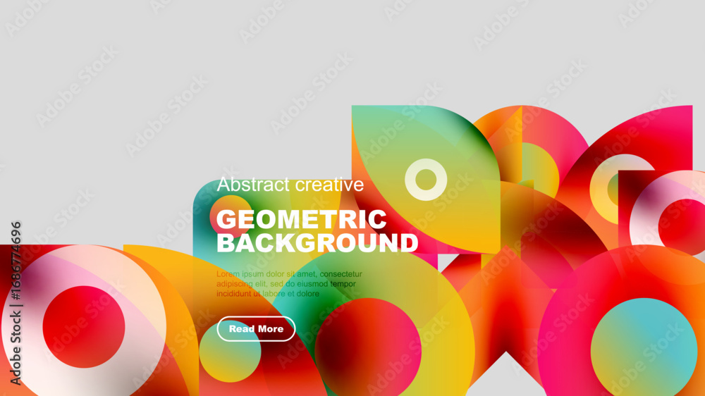 Poster abstract geometric background features vibrant overlapping shapes. text promotes further exploration
