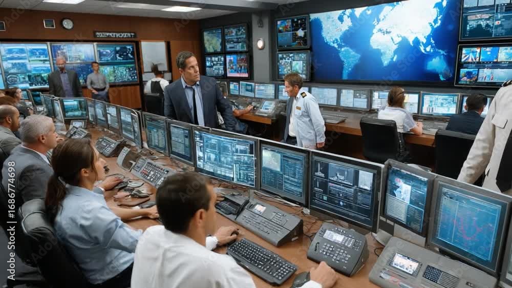 Poster command center dynamics: a view inside a high-tech command center, where focused individuals monitor