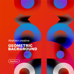 Vibrant geometric shapes overlap, creating dynamic redblue gradient background. Text promotes creative design solutions.