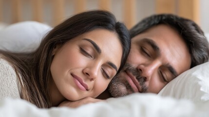 Couple enjoying a peaceful morning sleep together in a cozy bedroom on a soft bed