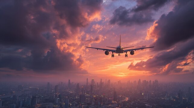 airplane landing sunset city clouds