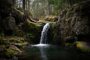 Obraz premium A scenic tropical cascade flows down mossy rocks in a green forest.