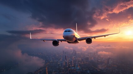 airplane sunset city flight above
