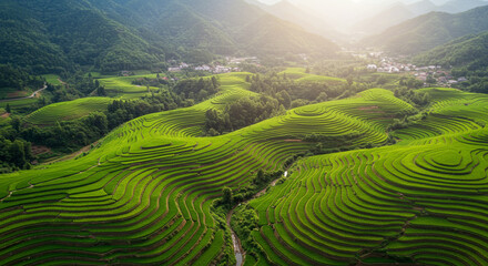 Fototapeta premium Vibrant emerald rice terraces cascade down lush green hills under warm golden sunlight