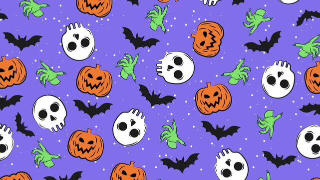 Playful 4K Halloween animation with flying bats, spooky skulls, zombie hands, and smiling pumpkins on a purple starry background, looping seamlessly for a festive spooky vibe.