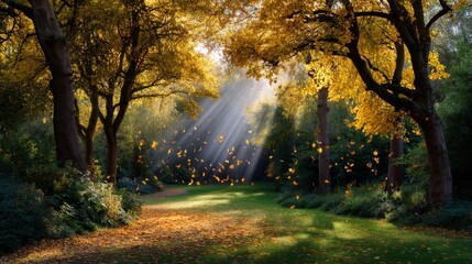 Obraz premium Autumn Leaves Falling in Golden Sunlight Through Tree-Lined Path Creating Serene Atmosphere