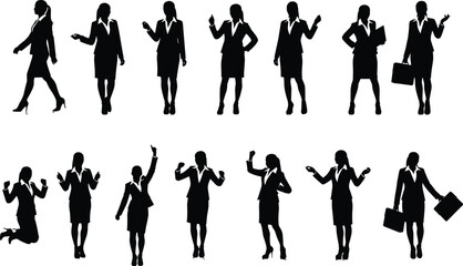 Businesswoman silhouette collection featuring professional female poses, office gestures, walking, standing, holding bag, and presenting in corporate environments.