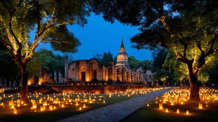 Obraz premium Ancient Temple Surrounded by Glowing Lanterns in Lush Greenery at Dusk on Visakha Bucha Day