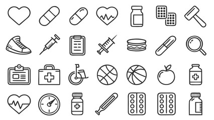 Medical and healthcare outline icons set with heart, pills, syringe, stethoscope, clipboard, fitness, sports and wellness symbols."