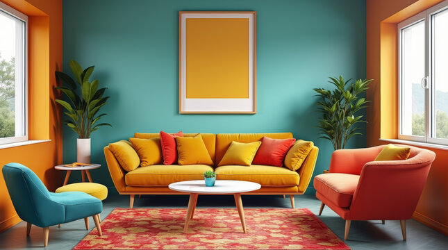 Modern retro living room with vintage furniture, bold patterns, and a framed mockup with a pop art print. Large windows create a playful atmosphere.