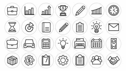 Business and office outline icon set with briefcase, graph, trophy, pencil, calendar, gear, light bulb, handshake, and mail symbols."