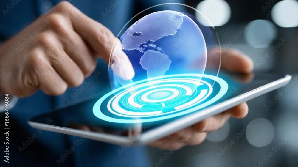 Poster world at fingertips: a person interact with a holographic globe, symbolizing global connection and t