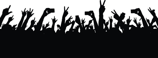 Excited crowd silhouette with raised hands, peace signs, and gestures at concert, party, festival, or celebration event with energy.