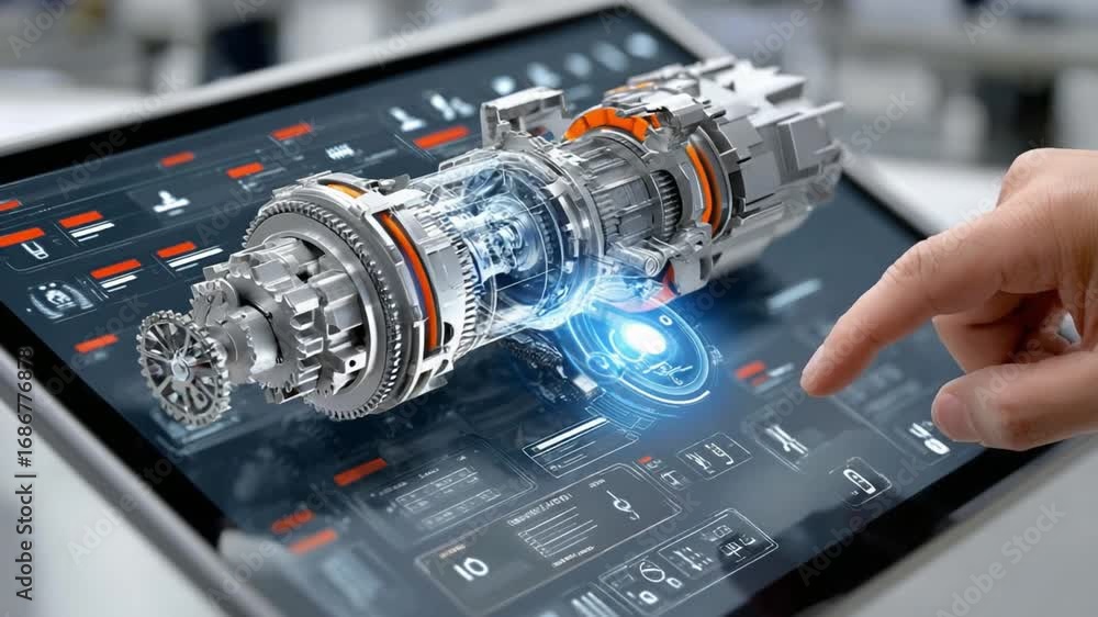 Poster interactive technology display: a detailed 3d model of mechanical engineering parts springs to life 