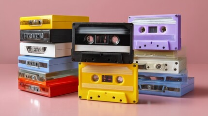 Obraz premium Vibrant Stack of Retro Cassette Tapes in Various Colors Against a Pastel Background