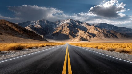Fototapeta premium Golden Desert Road Stretching Between Rugged Mountains Under Dramatic Sky