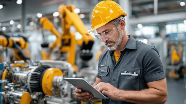 Industrial Precision: A focused engineer meticulously reviews data on a tablet within a state-of-the-art manufacturing facility, embodying expertise and precision. 