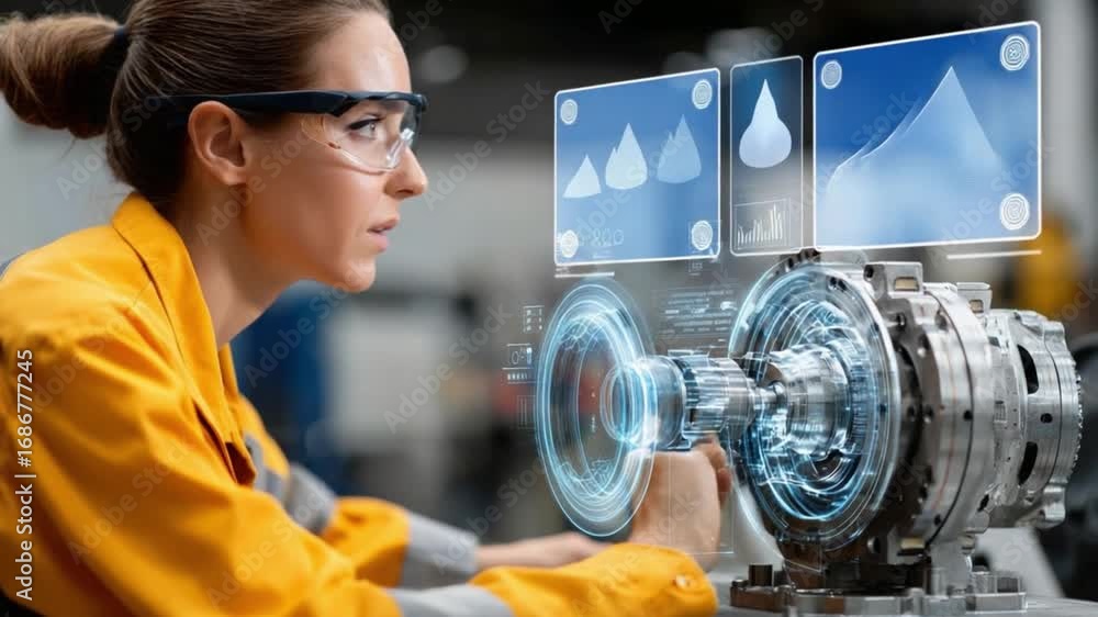 Poster technician’s vision: a female technician in a workshop using advanced augmented reality, analyzing i