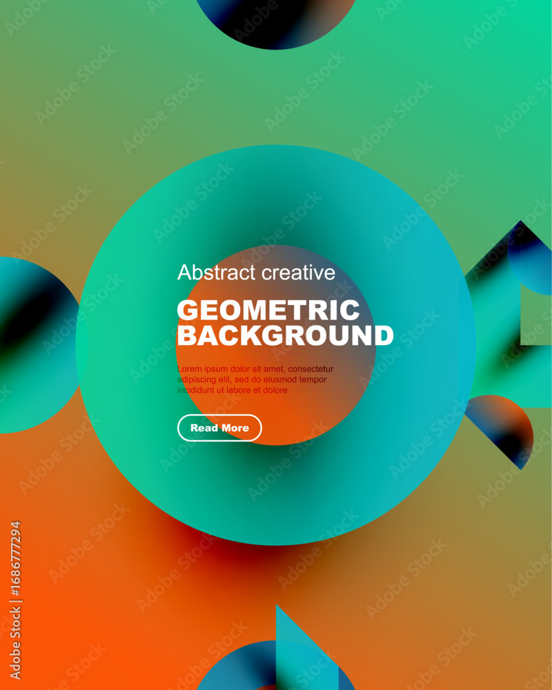 Poster vibrant abstract design features overlapping circles, gradients. text promotes geometric backgrounds