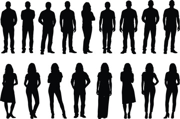 Silhouette illustration of diverse men and women standing in casual poses, representing people group vector for lifestyle and community themes.