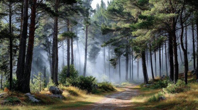 Misty Forest Trail Surrounded by Tall Pine Trees Creating a Serene Atmosphere - Powered by Adobe