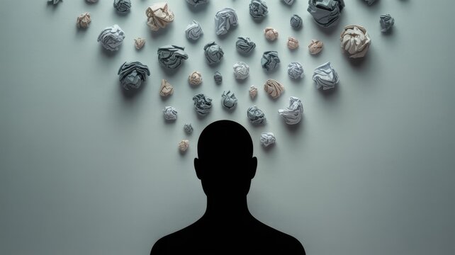 Ai generated image of silhouette of a persons head looking up at a collection of crumpled paper balls, symbolizing brainstorming and idea generation