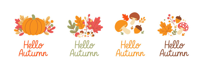 Set of four “Hello Autumn” illustrations – pumpkins, mushrooms, and colorful leaves with bright orange text, perfect for greeting cards, festive décor, and invitations.