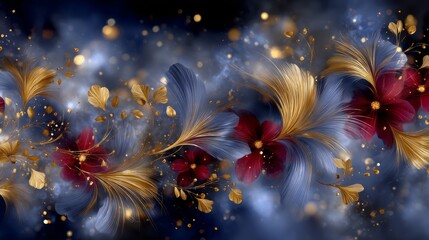 Ornamental Floral Design Featuring Rich Burgundy Flowers and Golden Accents on Dark Blue Background