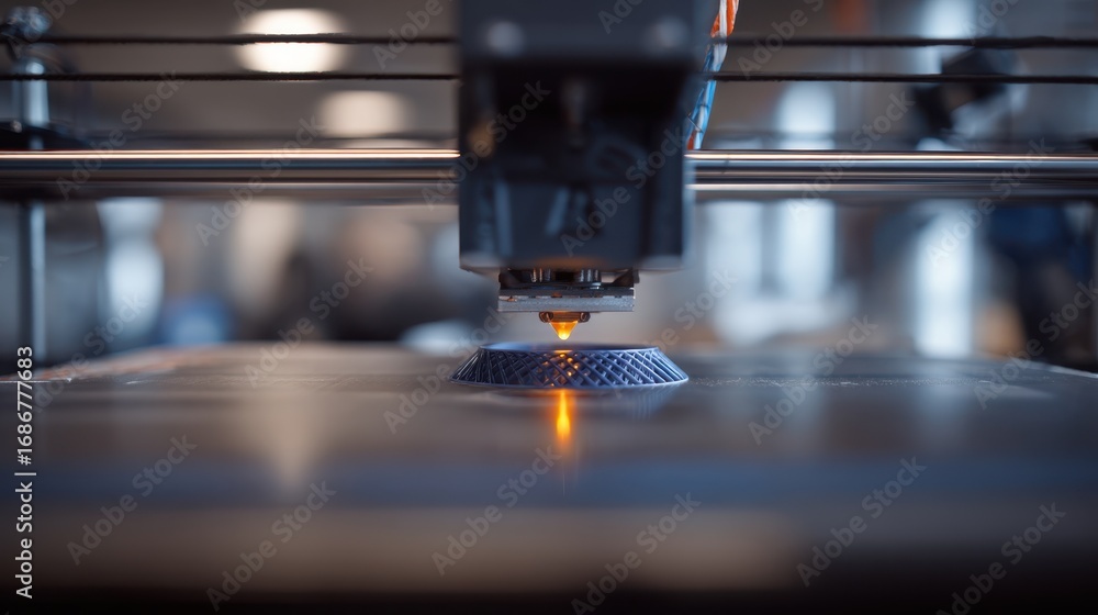 Poster detailed shot of a 3d printer producing a mechanical part emphasizing the precision print head in fo