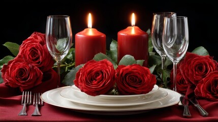 Romantic Dinner Setting with Red Roses and Candles on an Elegant Table