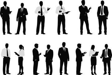Silhouette vector illustration of business people team in formal suits discussing, collaborating, presenting, and communicating ideas for corporate success and leadership.