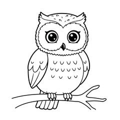 Cute cartoon owl with big eyes perched on a tree branch in a simple line art drawing