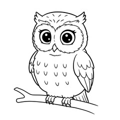 Cute cartoon owl with big eyes perched on a tree branch black and white line art illustration