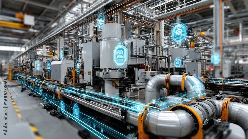 Poster smart factory: a view inside a cutting-edge smart factory, showcasing automated machinery and integr