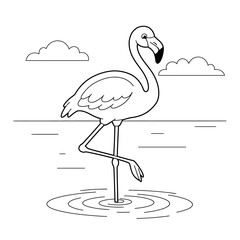 Simple black and white line drawing of a flamingo standing on one leg in shallow water with clouds above