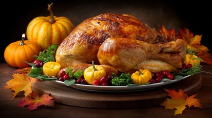 Thanksgiving Table Setting Featuring Roasted Turkey Surrounded by Pumpkins and Autumn Leaves