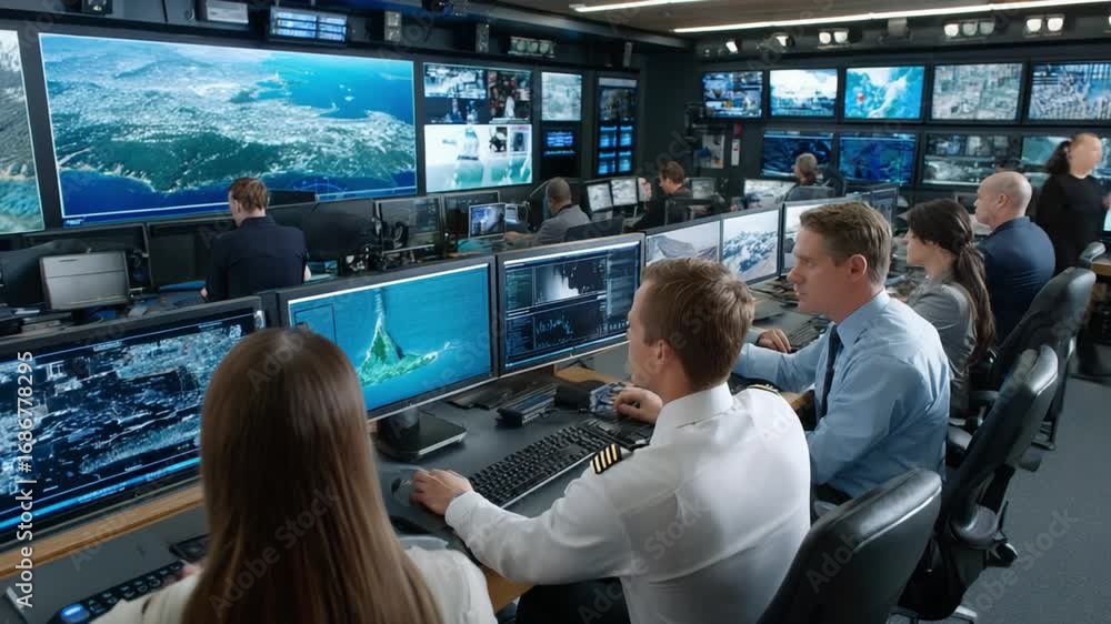 Poster control room: a team of vigilant professionals meticulously monitors complex systems, analyzing real
