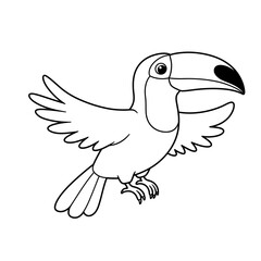 Obraz premium Whimsical hand drawn toucan bird with large beak in flight isolated on white background simple illustration