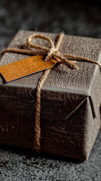 Rustic eco-friendly holiday gift wrapped in brown linen fabric with twine bow and blank kraft tag