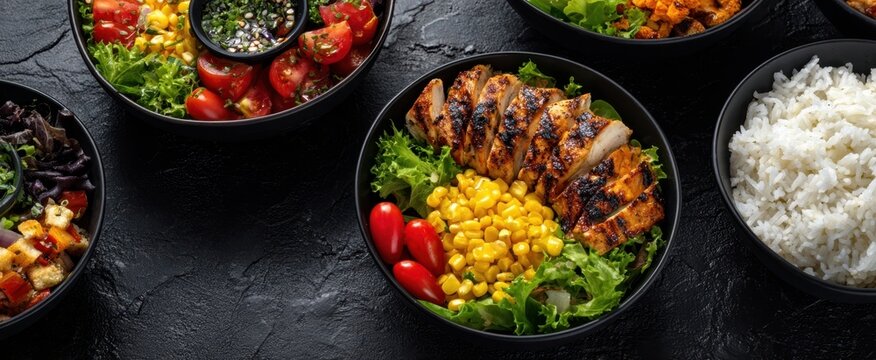 The colorful display of fresh salads and grilled chicken bowls on a table.