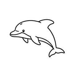 Simple black and white line drawing of a happy cartoon dolphin leaping out of the water