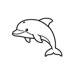 Simple and cute cartoon outline of a happy dolphin swimming in the ocean water