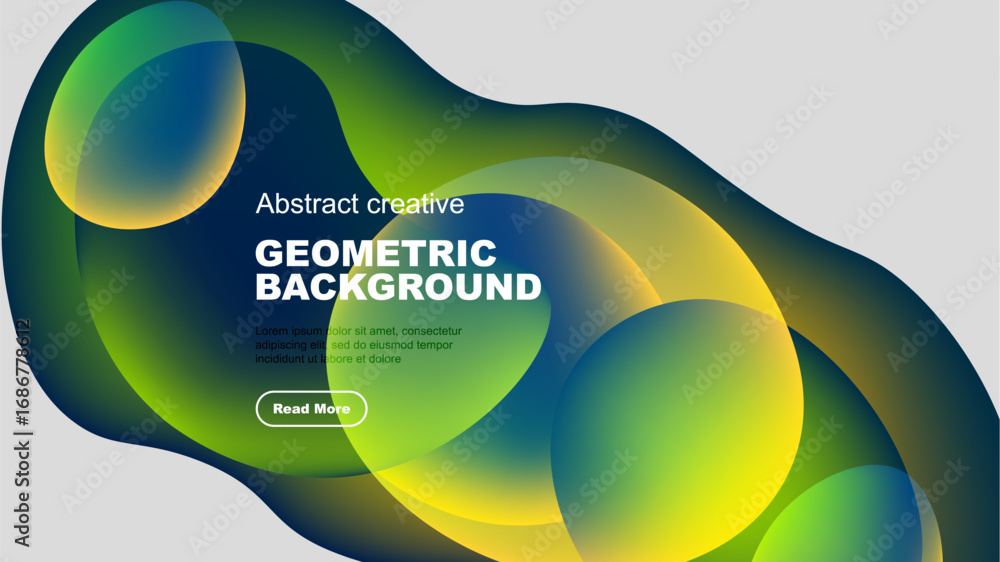 Poster abstract shapes overlap, creating vibrant color gradients. text block present with read more button.
