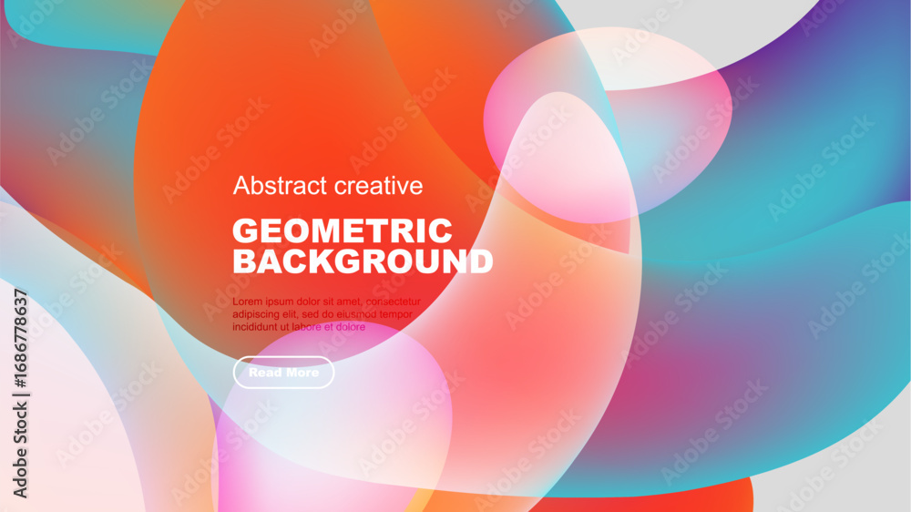 Poster Vibrant abstract shapes overlap, creating dynamic colorful background. Text block present with button. Modern design elements visible.