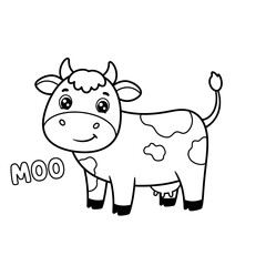 Cute cartoon black and white cow with spots and the word moo for coloring pages