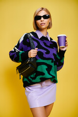 Stylish blonde young woman shows off trendy outfit in vibrant studio setting